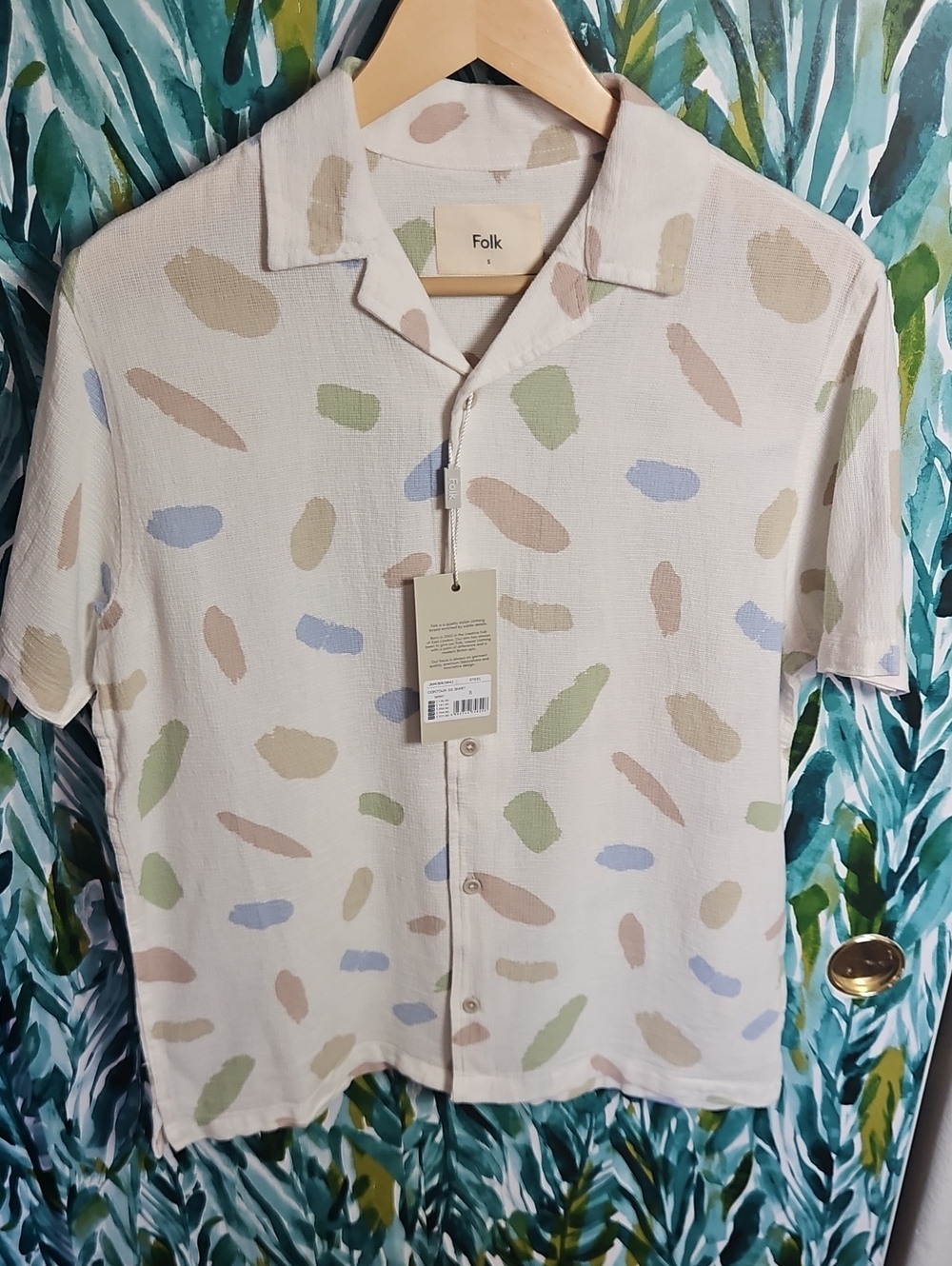 Folk Men's Short Sleeve Button-Up Shirt in Cream with Pastel Print - Size S NWT